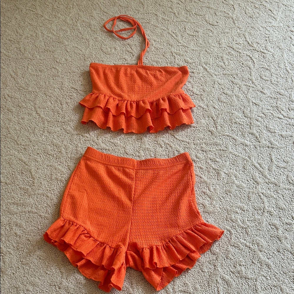 SHEIN Orange Ruffle Trim Shorts